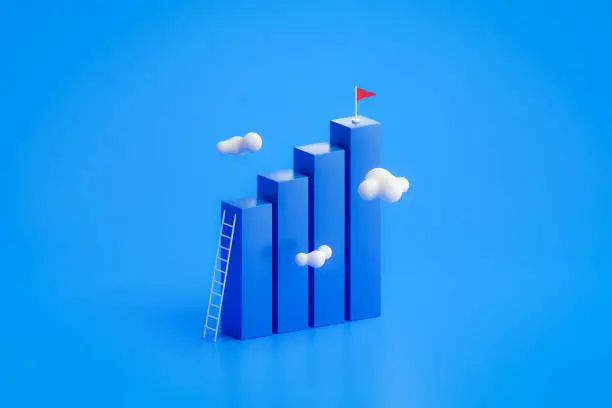 Photo of Success business graph on goal achievement strategy chart concept 3d background with creative growth financial progress target or victory competition step climbing top flag improvement high objective.