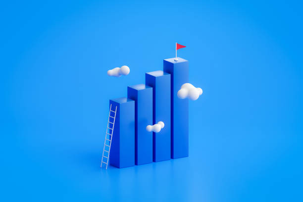 gráfico de negócios de sucesso no conceito de gráfico de estratégia de realização de metas 3d com meta de progresso financeiro de crescimento criativo ou etapa de competição de vitória subindo o objetivo de melhoria da bandeira superior. - business success growth graph - fotografias e filmes do acervo