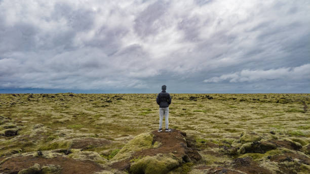 istock Rear view young man looking out to the Moss covered blanket Eldraun Lava Field 1423559327