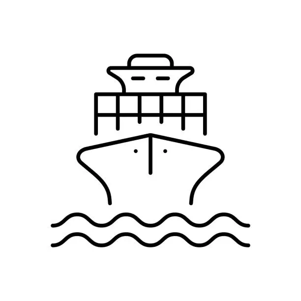 Vector illustration of Sea Boat Vessel Line Icon. Freight Marine Container Delivery Linear Pictogram. Cargo Ship Delivery Black Outline Icon. Big Cruise Yacht Shipping. Editable Stroke. Isolated Vector Illustration