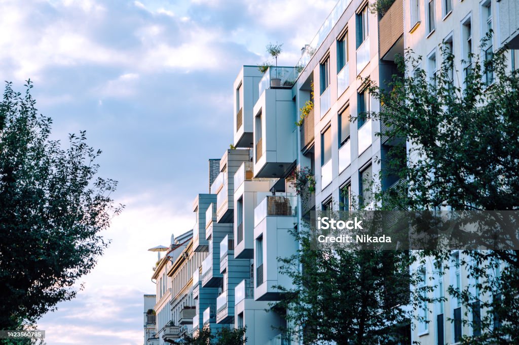 Modern apartment buildings in a green residential area in Berlin, Germany Real Estate Stock Photo
