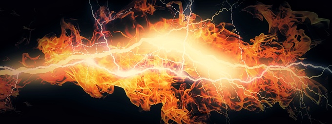 3D illustration of flames and lightning