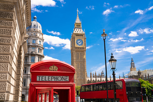 London symbols with BIG BEN, DOUBLE DECKER BUSES and Red Phone Booths in England, UK