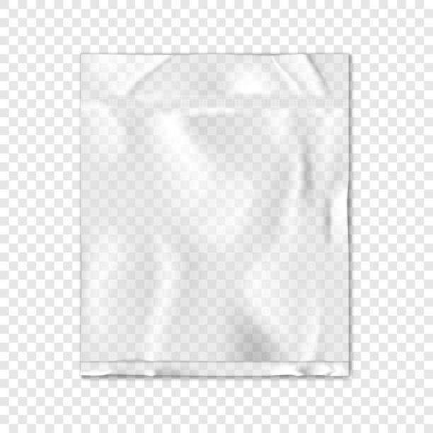 вакуумный герметичный прозрачный виниловый чехол на прозрачном фоне векторного макета. пустой квадратный плоский пластиковый пакет макет - полиэтиленовый пакет stock illustrations