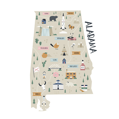 アラバマ州はランドマークとシンボルで州をマップします アラバマ州のベクターアート素材や画像を多数ご用意 アラバマ州, オーバーン