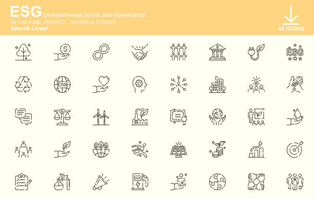 ilustrações de stock, clip art, desenhos animados e ícones de esg,environmental, social, and governance special lineal icons , editable stroke , 64x64 pixel perfect - impact