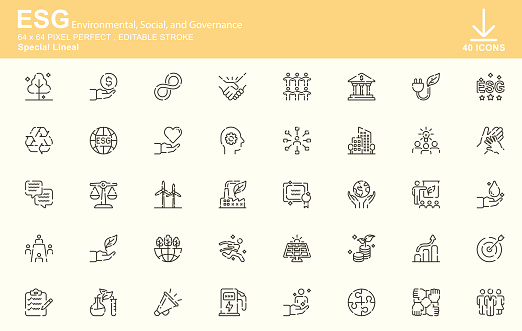 ESG,Environmental, Social, and Governance Special Lineal Icons , Editable Stroke , 64x64 Pixel Perfect