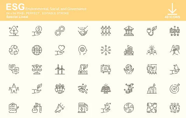 Vector illustration of ESG,Environmental, Social, and Governance Special Lineal Icons , Editable Stroke , 64x64 Pixel Perfect