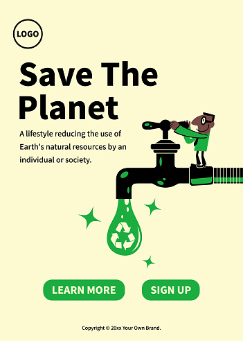 Characters Design Vector Art Illustration.
Slide or landing page layout.
In the concept of Save The Planet, sustainability, and environmental protection, a man turns on or turns off the tap (faucet), and water drops with a Recycling symbol.