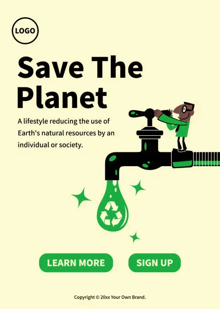 Vector illustration of In the concept of Save The Planet, sustainability, and environmental protection, a man turns on or turns off the tap (faucet), and water drops with a Recycling symbol