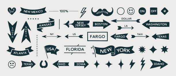 Arrow set icons. Black and white collection vintage sign, symbols and graphic elements. Flat arrow set for decorative design. Hand-drawn graphics, drawing sign. Modern arrows. Vector Illustration