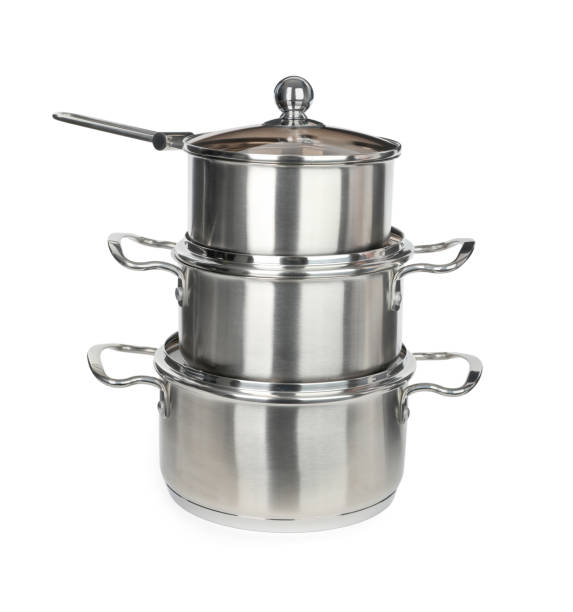 istock Stainless steel cookware set on white background 1423565354