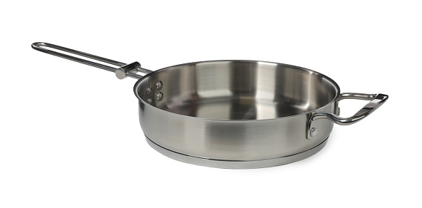 New stainless steel frying pan isolated on white