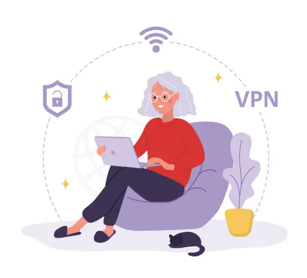 Vector illustration of VPN service. Elderly woman using private network for protect personal data. Protection of DNS and IP addresses. Database security software. Vector illustration in flat cartoon style