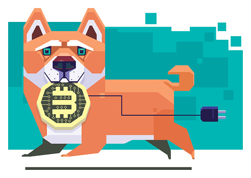 vector illustration of dog holding electronic coin and running