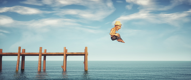 Old man jumps in the ocean. Happiness and joyful concept. This is a 3d render illustration