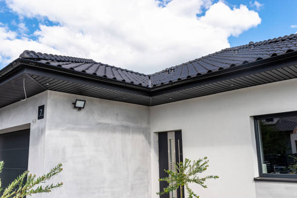 istock A modern graphite herringbone roof lining is attached to the trusses, visible turned on LED lights. 1423570205