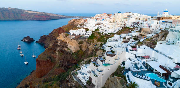 banner voyage à santorin, grèce. photo vue carrée du coucher du soleil scène du ciel traditionnel cycladique santorin maisons bleues fond - sky city urban scene blue photos et images de collection