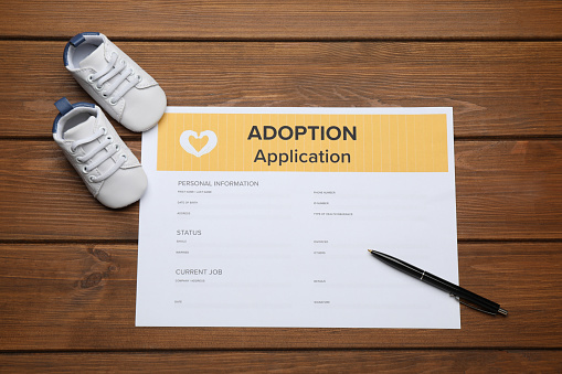 Adoption application, baby shoes and pen on wooden table, flat lay
