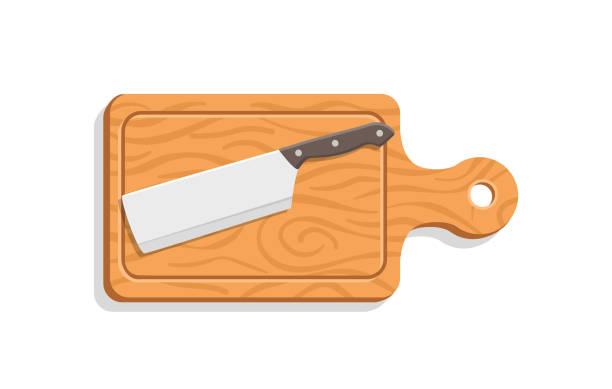 ilustrações de stock, clip art, desenhos animados e ícones de knife with cutting board. wood plate for prepare of food in kitchen. wooden board for cook cut of fruit, meat and vegetables. icon for dish, chef and cooking. cartoon vector illustration - cutting board cooking wood backgrounds