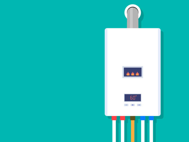 gaskessel mit brenner. warmwasserbereiter. heimofen isoliert auf grünem hintergrund. system der kombiheizung. weißer intelligenter gaskessel für warmwasser mit warm- und kaltrohr, gas und steuerung. vektor - water heater boiler water pipe basement stock-grafiken, -clipart, -cartoons und -symbole