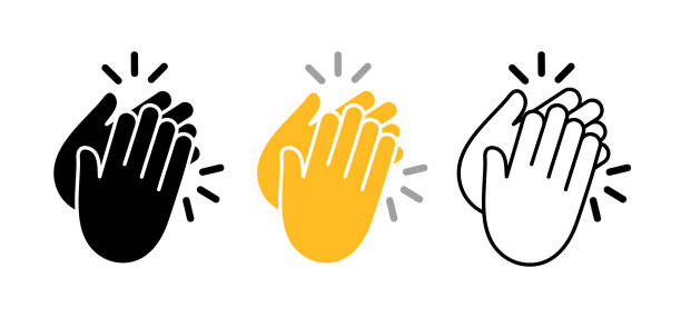 Hand clap. Icon of applause. Black, yellow and white icons of hands claps isolated on white background. Silhouettes of applaud. Symbol for congratulations, celebration and success. Vector Hand clap. Icon of applause. Black, yellow and white icons of hands claps isolated on white background. Silhouettes of applaud. Symbol for congratulations, celebration and success. Vector. Applauding stock illustrations