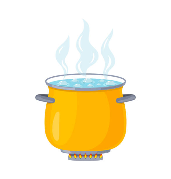 ilustrações de stock, clip art, desenhos animados e ícones de pot with boil water. pan with soup. icon of cook food. saucepan with hot steam on stove with fire. flat cartoon cooking illustration. metal heat open bowl on flame in kitchen. vector - boiling water