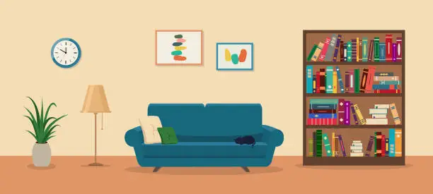 Vector illustration of Room interior. Inside home. House or apartment with sofa, furniture, lamp, clock and shelf with books. Modern living room in flat style. Indoor livingroom. Cartoon wallpaper. Vector