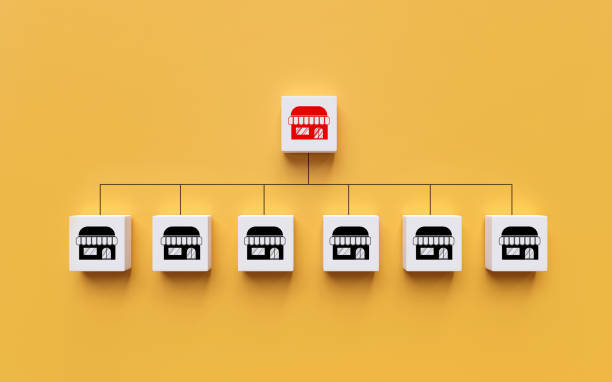 istock Service Shop Business Planning Strategies Store network expansion. structure square cube with store icon. 1423571388