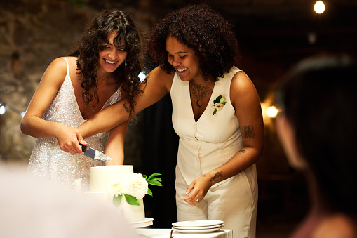 Two young cheerful brides in elegant wedding attire cutting big cake while standing by festive table in front of guests enjoying party