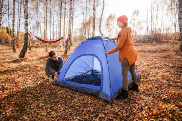 istock Adventurous couple setting up a tent in the forest 1423573016