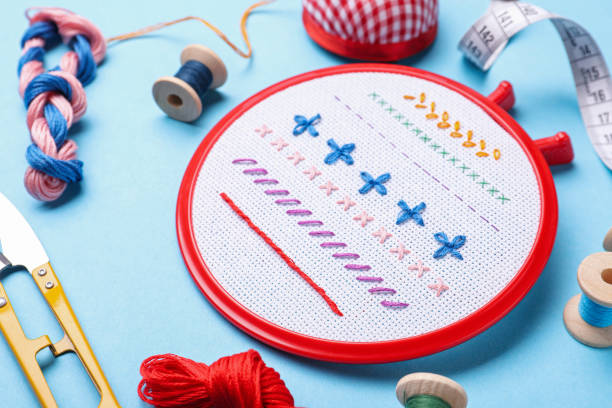istock Embroidery and different sewing accessories on light blue background 1423575601