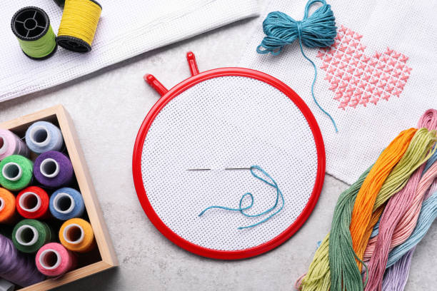 istock Flat lay composition with embroidery hoop on light grey background, top view 1423575678
