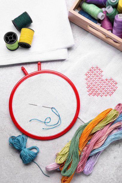 istock Flat lay composition with embroidery hoop on light grey background, top view 1423576351