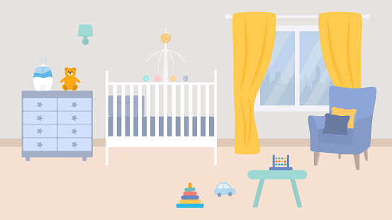 Baby Room Interior With Baby Crib, Armchair, Dresser, Air Humidifier And Toys