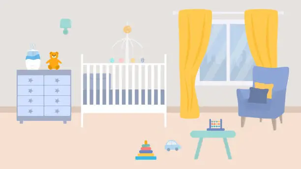 Vector illustration of Baby Room Interior With Baby Crib, Armchair, Dresser, Air Humidifier And Toys