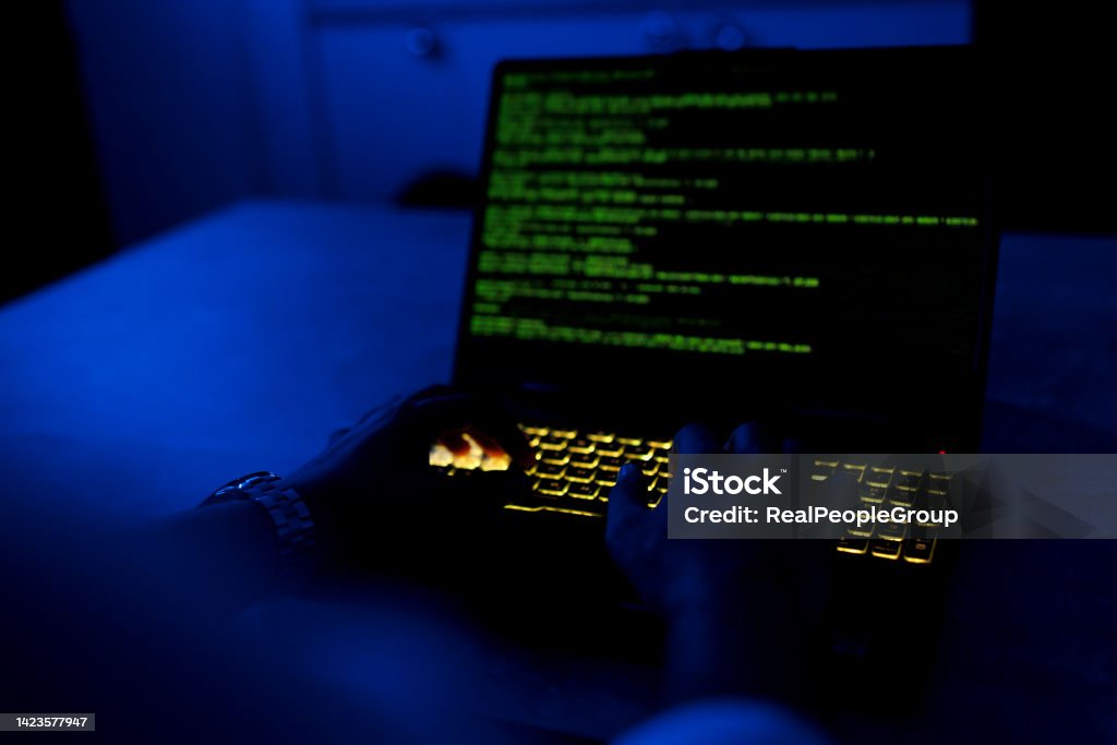 I enjoy coding at home A young Caucasian male programmer is typing on his laptop, while sitting in his home office with his back turned to the camera. 25-29 Years Stock Photo