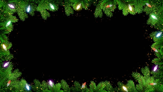 Christmas frame or new year frame with fir or pine leaves and light bulbs blinking with alpha map for compositing