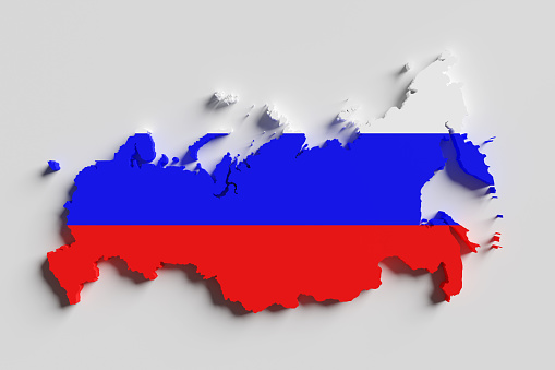 Extruded map of country outline of Russia with shadow on white background. Illustration of Russian geographical boundary