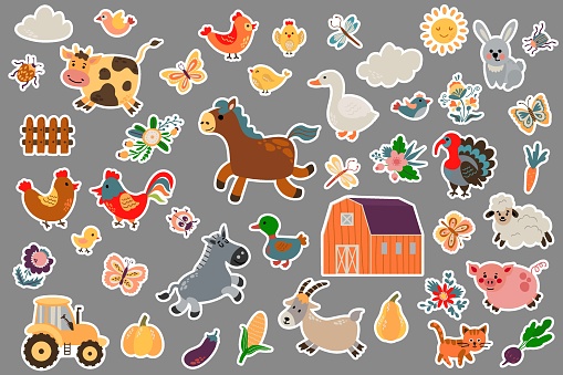 Farm animals sticker set. Drawn style. Vector illustration.