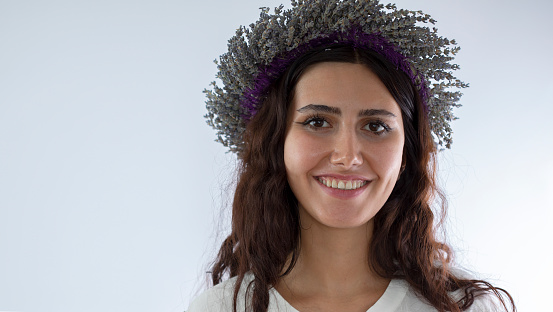 young woman portrait, wearing lavender crown