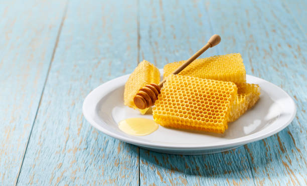 istock wax honeycombs from a bee hive filled with organic honey in white plate on  blue rustic table. 1423583952