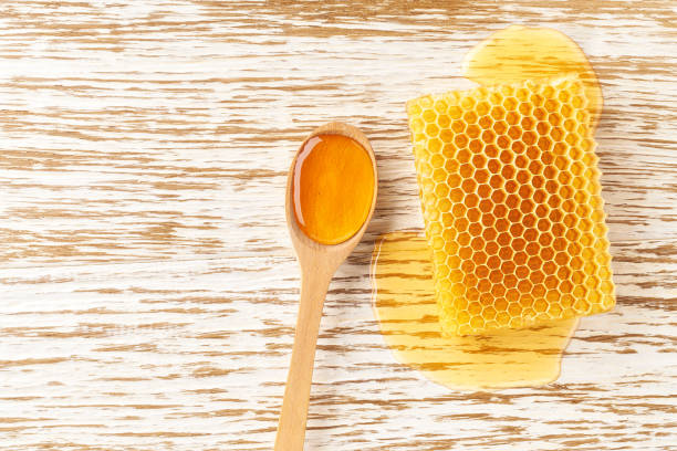 istock honeycombs from a bee hive filled with organic honey on white table, with copy space. 1423584058