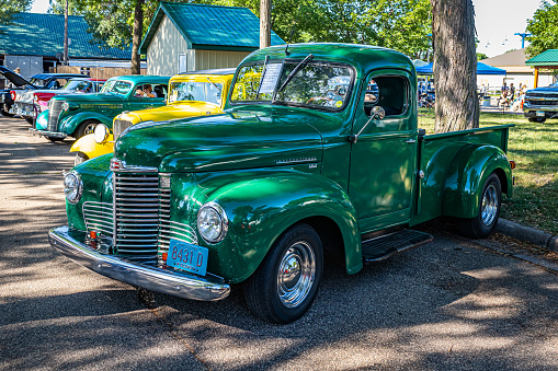 Falcon Heights, MN - June 18, 2022: High perspective front corner view of a 1947 International KB2 Pickup Truck at a local car show.