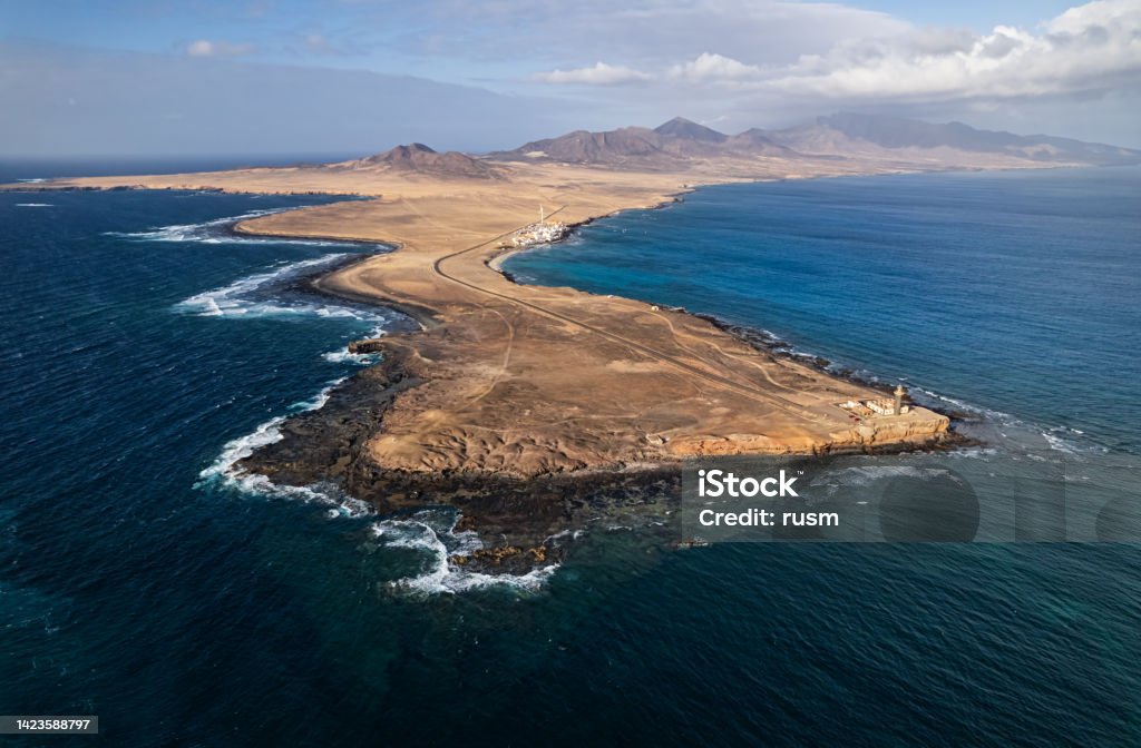 Aerial view of Punta Jandia Lighthouse, most remote part of Fuerteventura, Canary islands, Spain Flight over of Punta Jandia, Fuerteventura Canary Islands Stock Photo