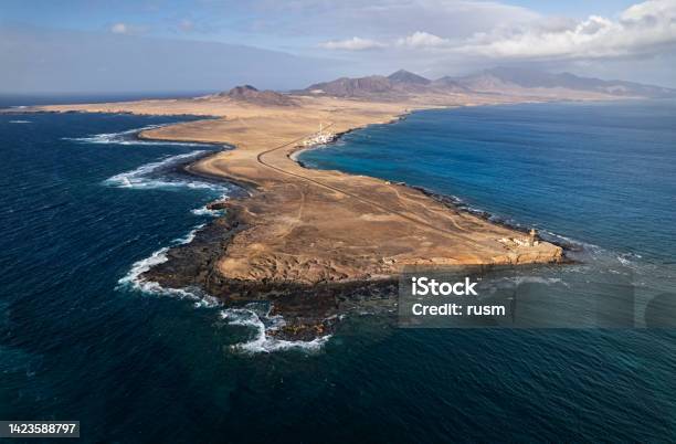 Aerial View Of Punta Jandia Lighthouse Most Remote Part Of Fuerteventura Canary Islands Spain Stock Photo - Download Image Now