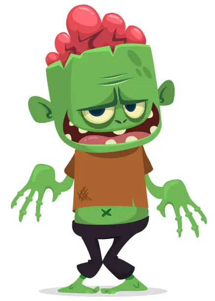 Vector illustration of Cartoon funny green zombie with pink brains outside of the head. Halloween vector illustration isolated