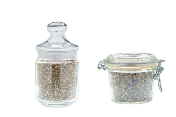 istock Glass jar with chia seeds isolated on a white background. 1423592225
