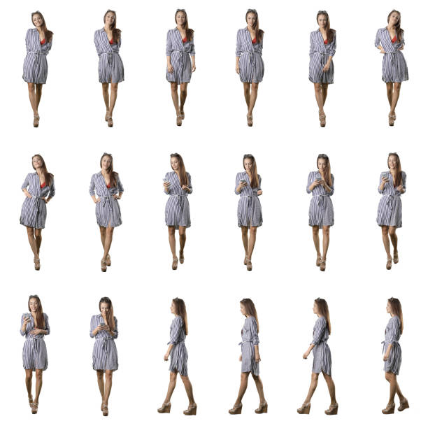 istock Stylish pretty young woman in beach tunic walking and using phone. Front and side view. Full body isolated on white background 1423592807