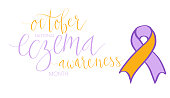 istock Eczema National Awareness Month October handwritten lettering and purple and orange support ribbon. Web banner vector template 1423596455